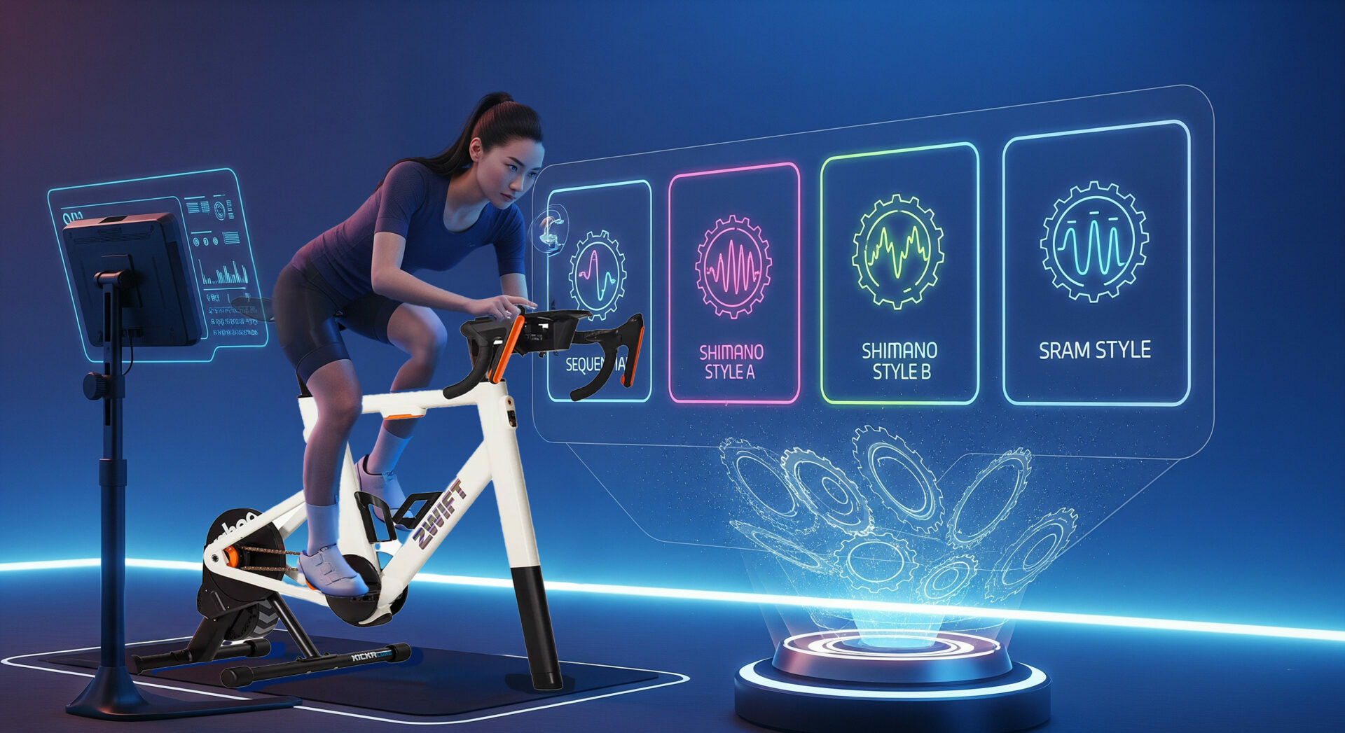 Zwift ride virtual shifting woman
